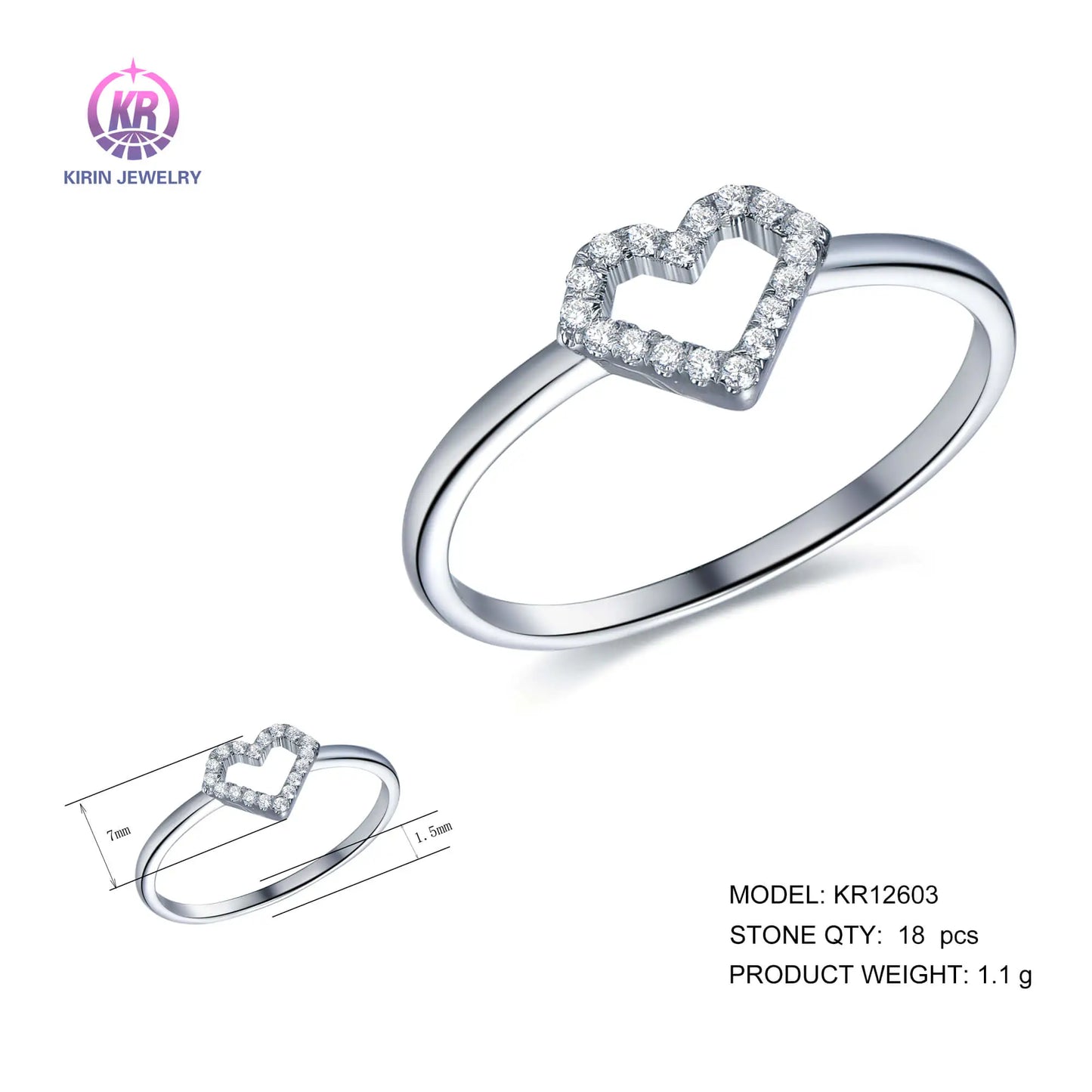 Wholesale Silver Cubic Zircon Simple Statement Sparkle Love Heart Band Ringfoir Women