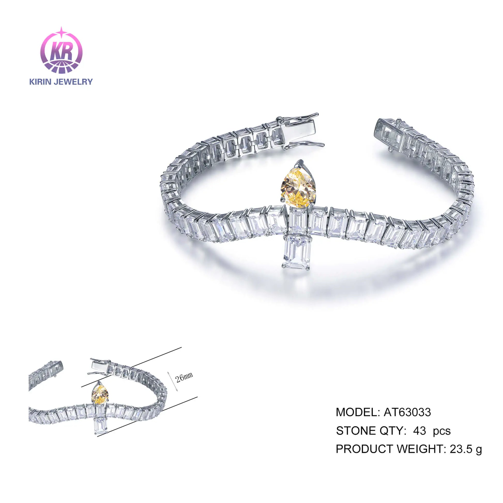 Wholesale Silver Cubic Zircon Simulated Citrine Charm Tennis Bracelet​ for Women