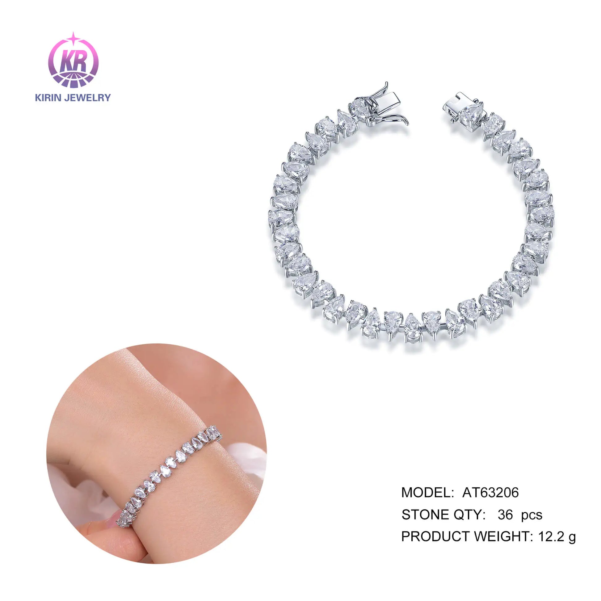 Wholesale Silver Cubic Zircon Simulated Diamond Pear Shaped Tennis Bracelet for Women