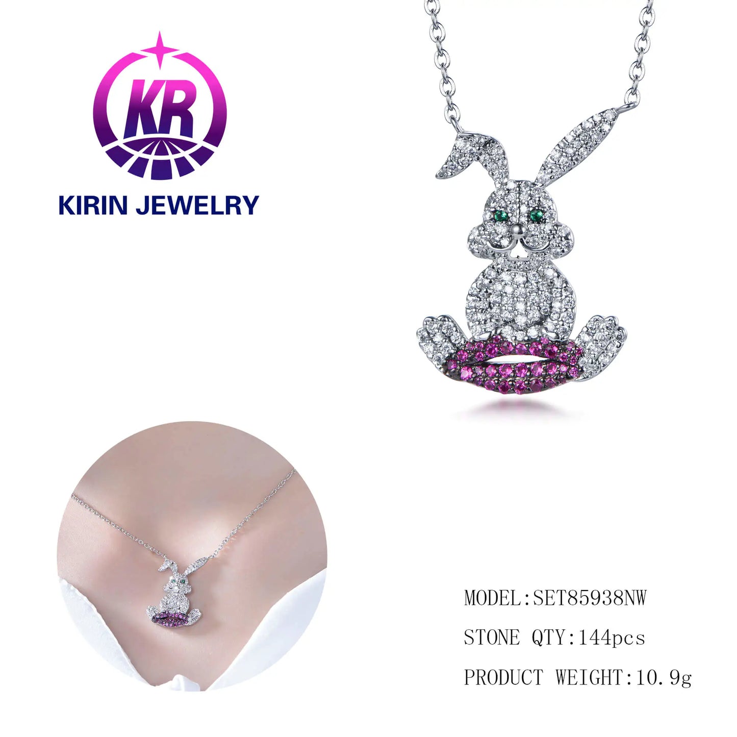 Wholesale Silver Cubic Zircon & Spinel & Corundum Animal Rabbit Design Pendant for Women