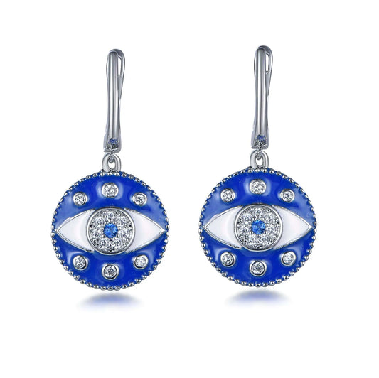 Wholesale Silver Cubic Zircon & Spinel & Enamel Minimalis Evil Eye Dangle Earrings