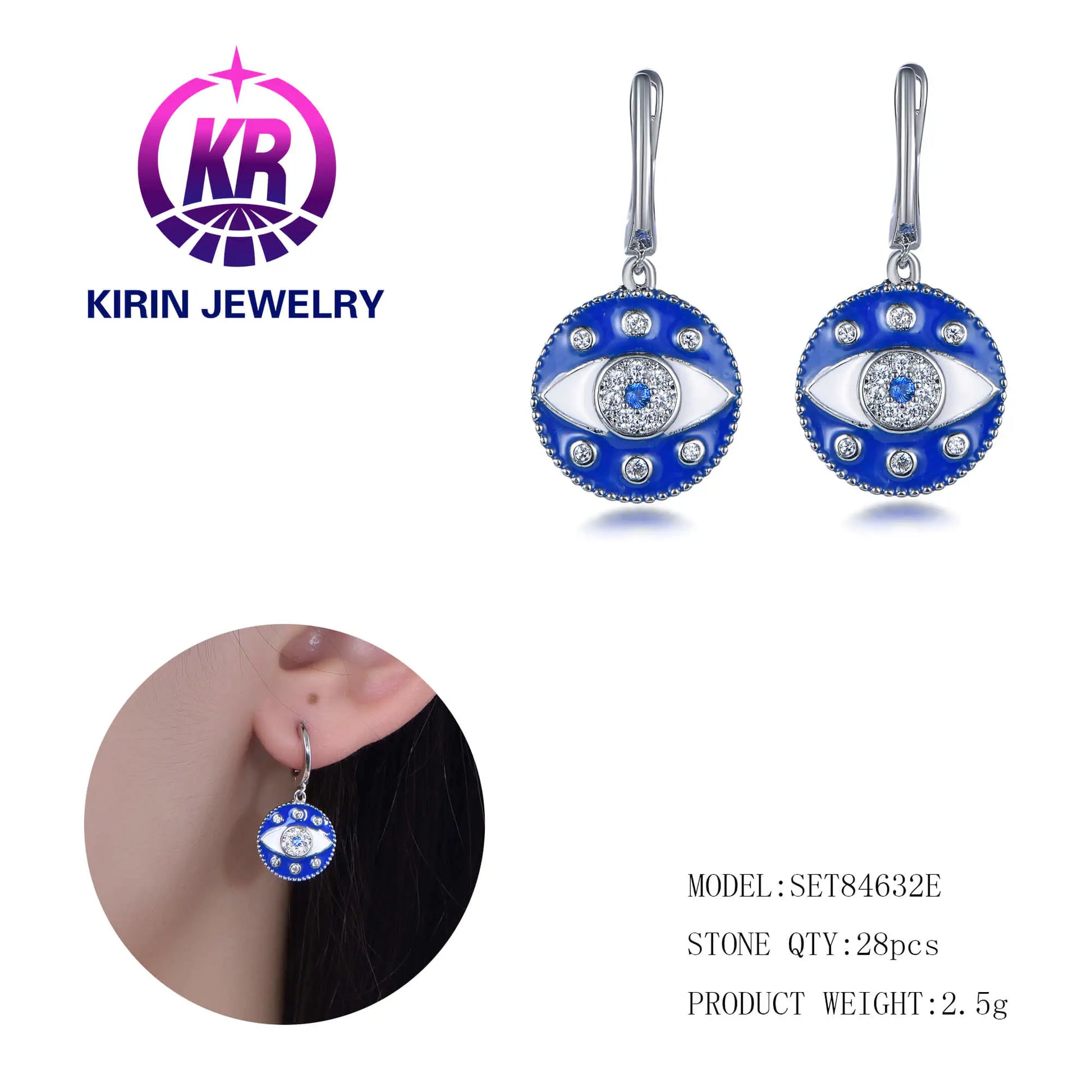 Wholesale Silver Cubic Zircon & Spinel & Enamel Minimalis Evil Eye Dangle Earrings for Women
