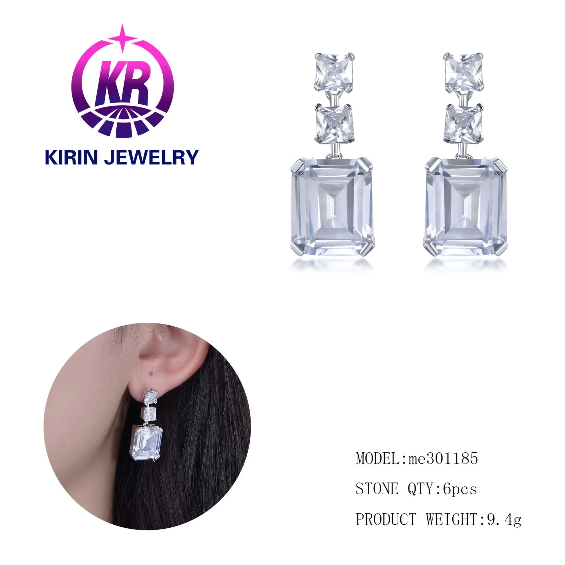 Wholesale Silver Cubic Zircon Square Cut Simulated Diamond Dangle Stud Earrings for Women