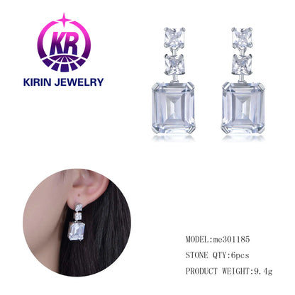 Wholesale Silver Cubic Zircon Square Cut Simulated Diamond Dangle Stud Earrings for Women