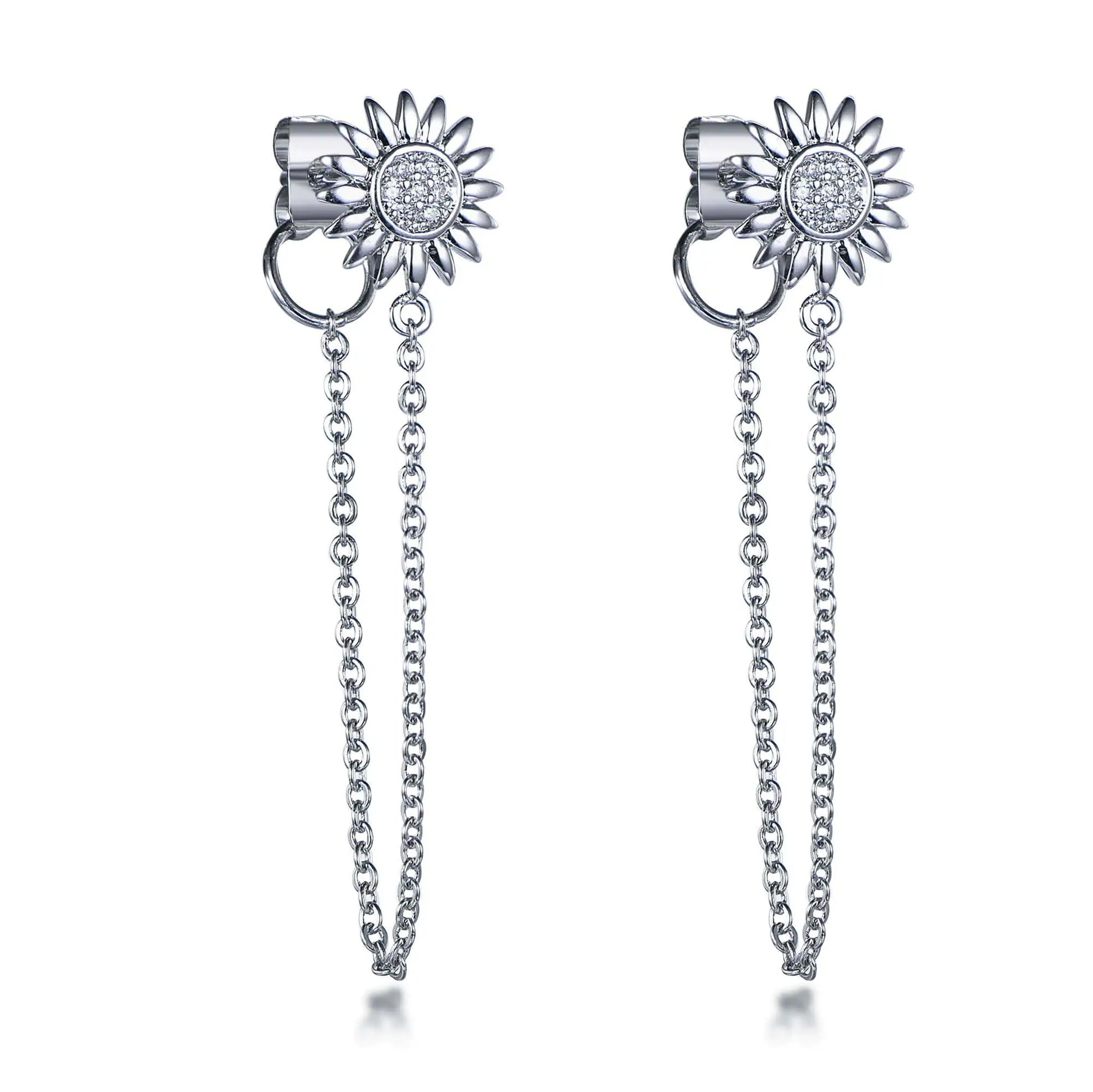Wholesale Silver Cubic Zircon Sunflower Single Tassel Chain Dangling Earrings