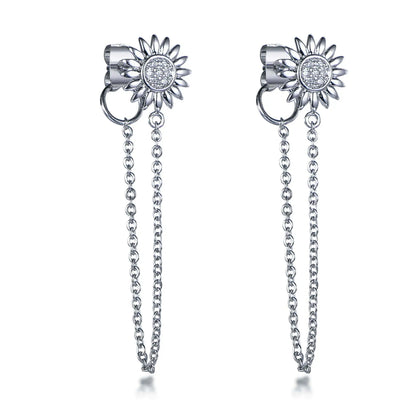 Wholesale Silver Cubic Zircon Sunflower Single Tassel Chain Dangling Earrings