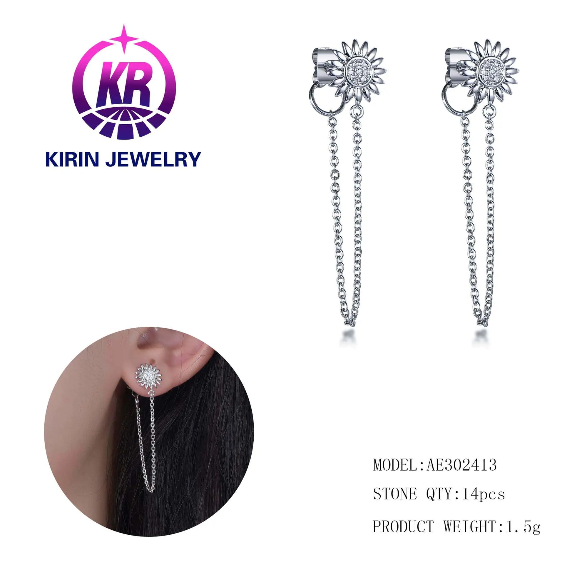 Wholesale Silver Cubic Zircon Sunflower Single Tassel Chain Dangling Earrings for Women