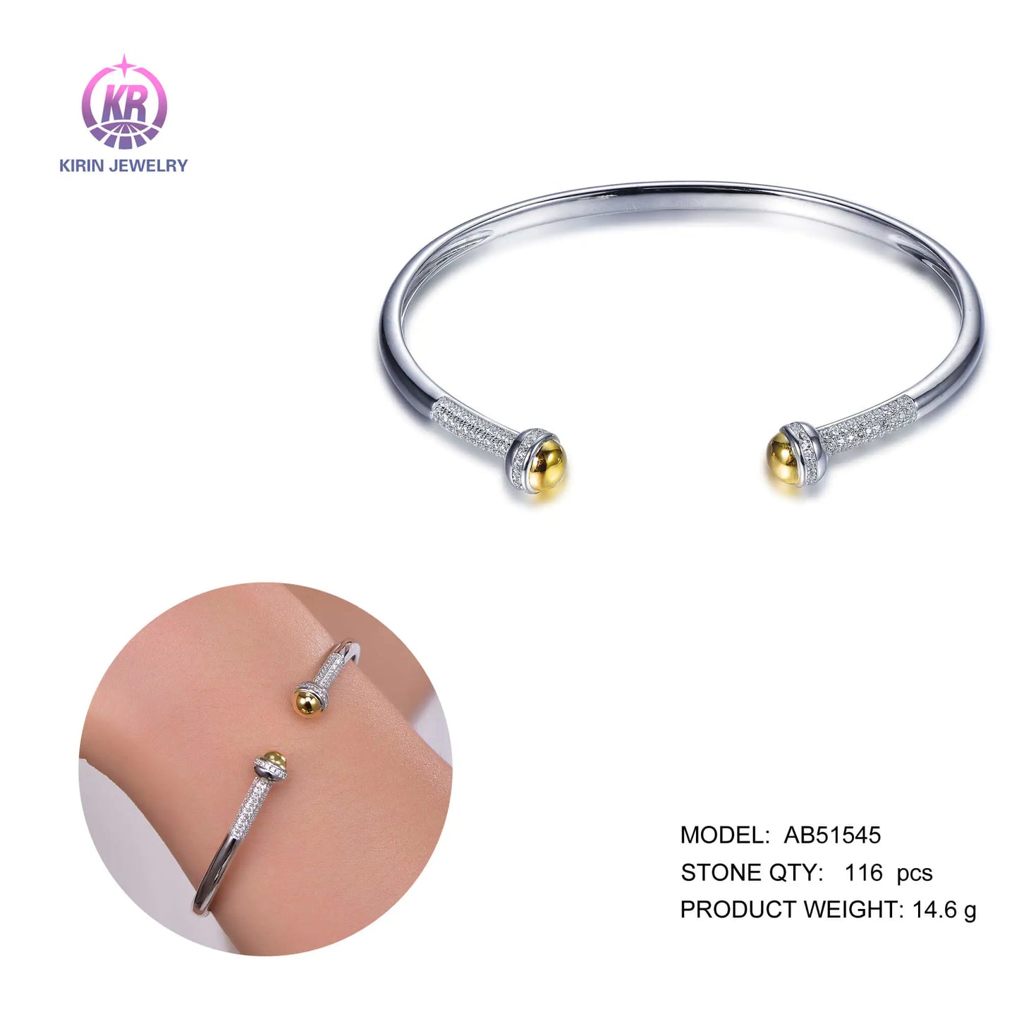 Wholesale Silver Cubic Zircon Twisted Cable Wire Two Bead Open Cuff Bangle for Women