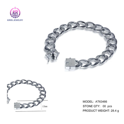 Wholesale Silver Enamel Pave Black Spot Statement Flat Curb Chain Bracelet for Women