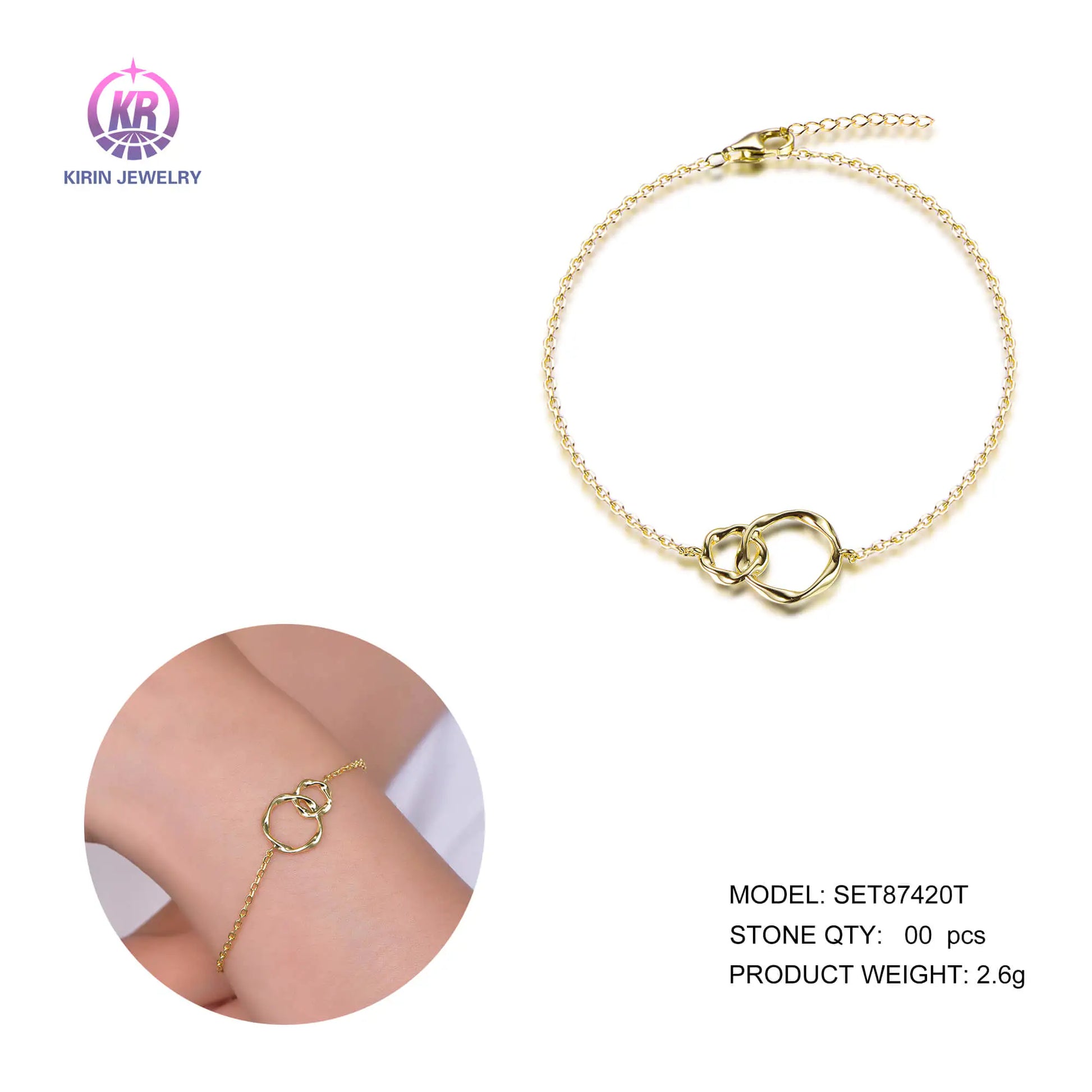 Wholesale Silver Gold Plated Adjustable Interlocking Double Circle Bracelet for Women