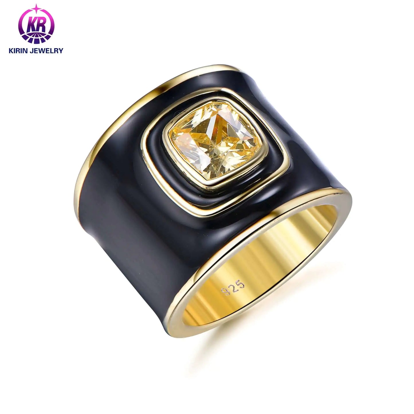 Wholesale Silver Gold Plated Black Enamel Cushion CZ Chunky Engagement Rings