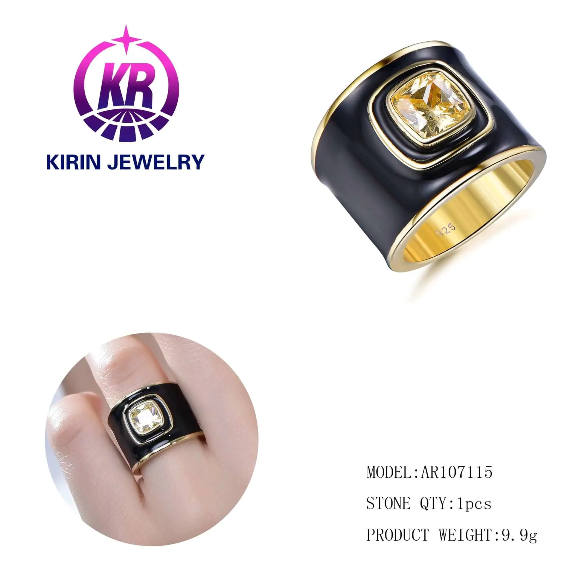 Wholesale Silver Gold Plated Black Enamel Cushion CZ Chunky Engagement Rings for Women