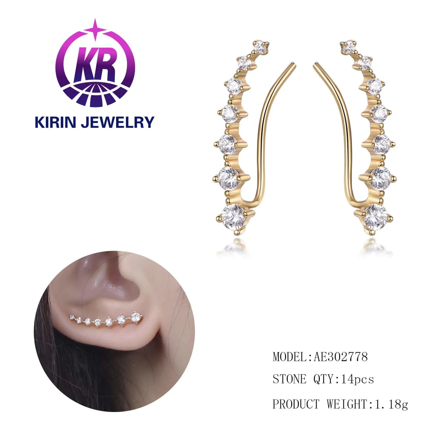 Wholesale Silver Gold Plated CZ 7 Crystals Minimalist Ear Climber Crawler Earrings for Women