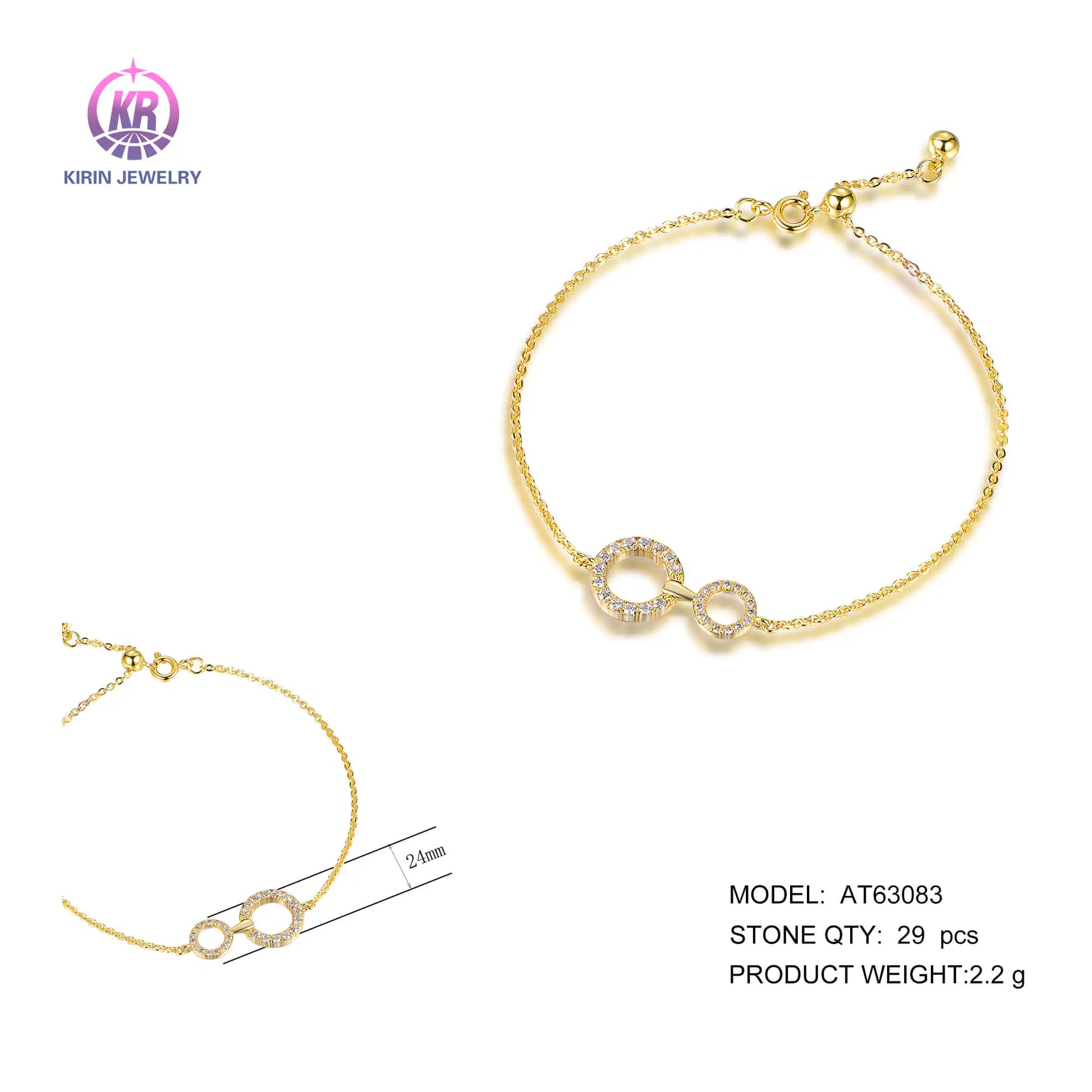Wholesale Silver Gold Plated CZ Adjustable Simple Link Double Circle Bracelet for Women