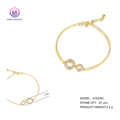 Wholesale Silver Gold Plated CZ Adjustable Simple Link Double Circle Bracelet for Women