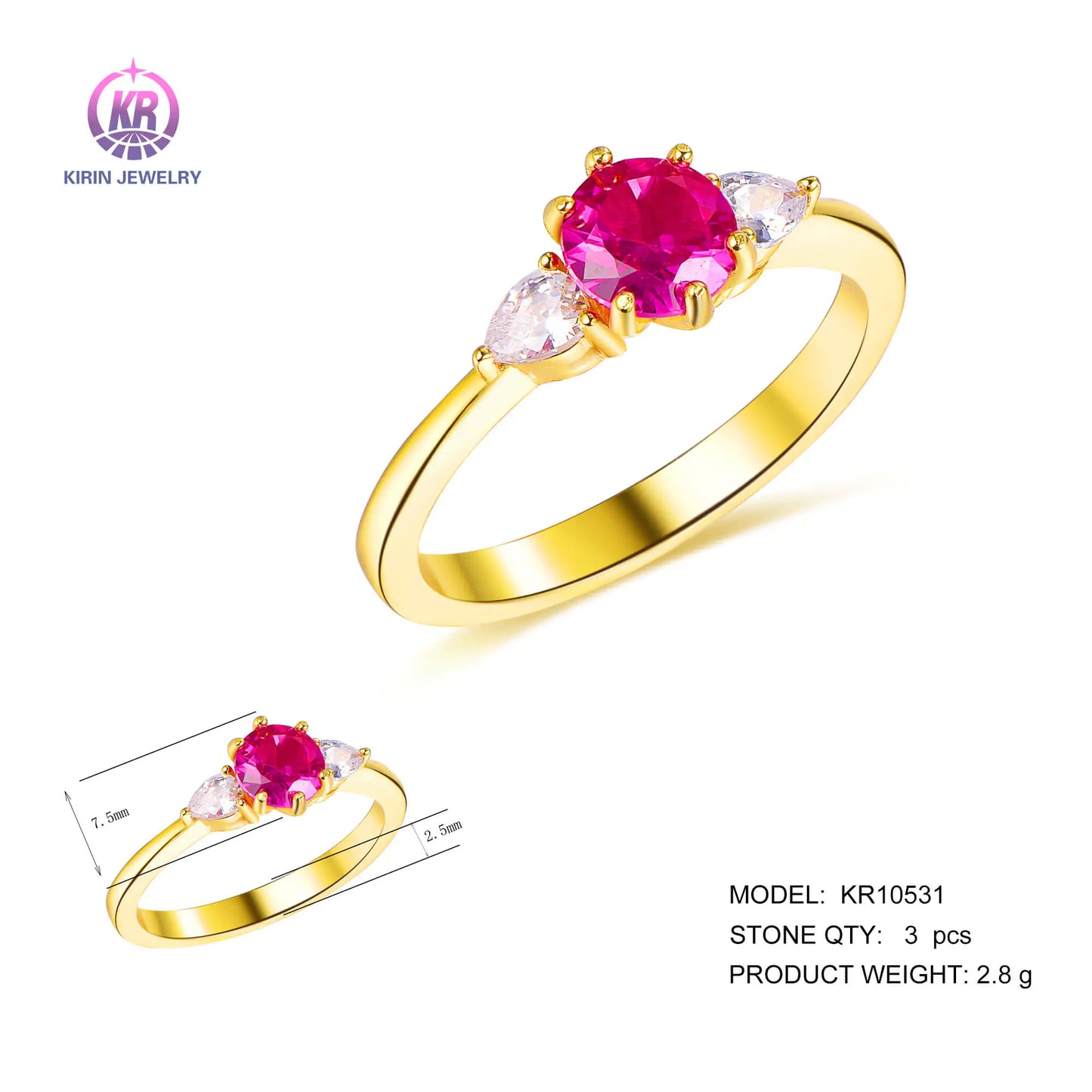 Wholesale Silver Gold Plated CZ & Corundum Created Ruby & Diamond 3 Stones Rings​ for Women