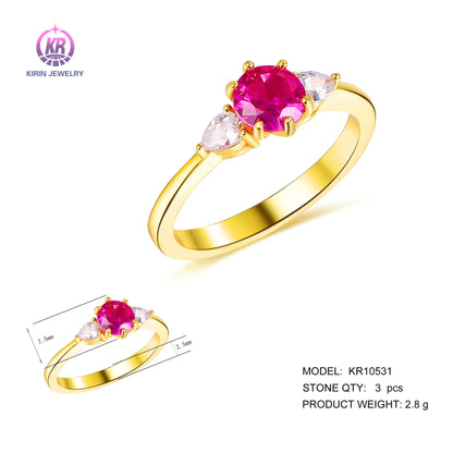 Wholesale Silver Gold Plated CZ & Corundum Created Ruby & Diamond 3 Stones Rings​ for Women