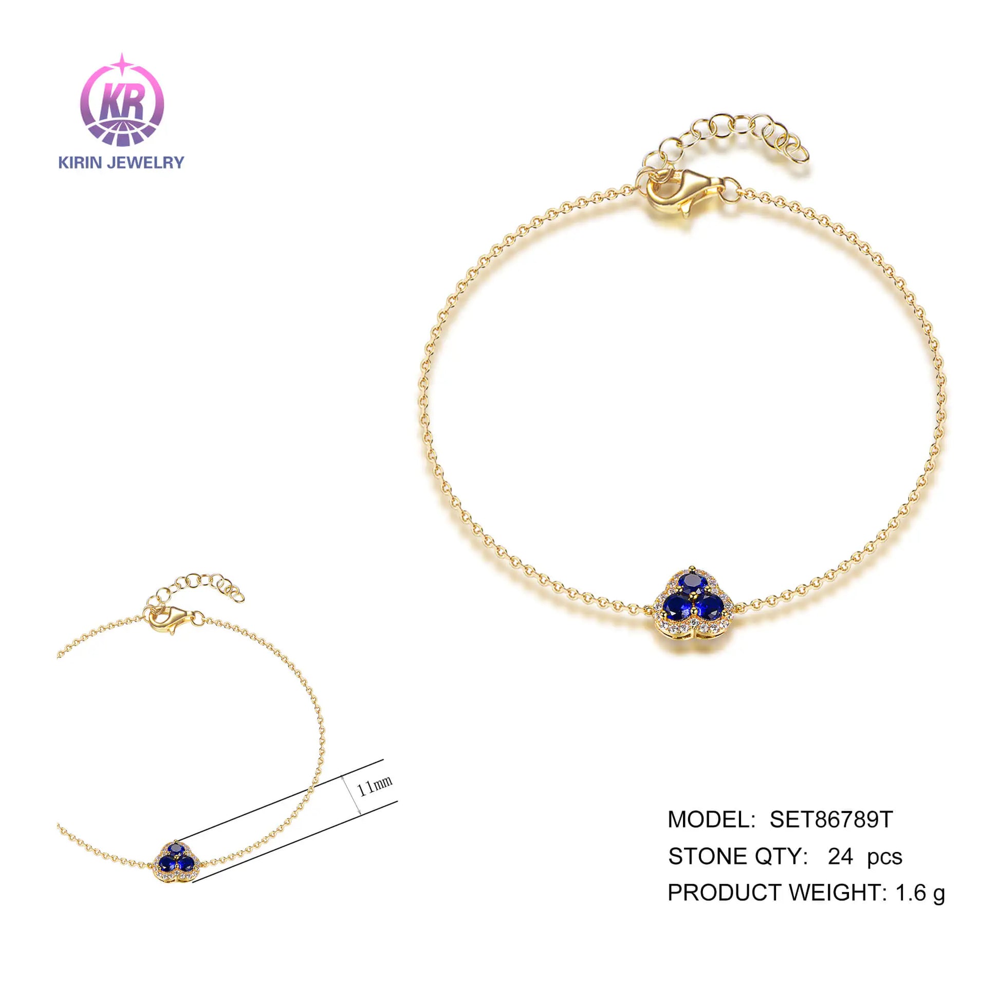 Wholesale Silver Gold Plated CZ & Corundum Lab Sapphire 3 Stone Bracelet for Women