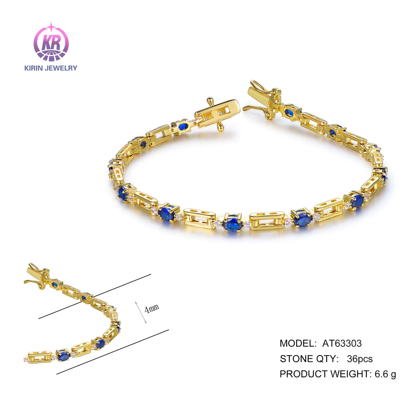 Wholesale Silver Gold Plated CZ & Corundum Lab Sapphire Chain Bracelet for Women