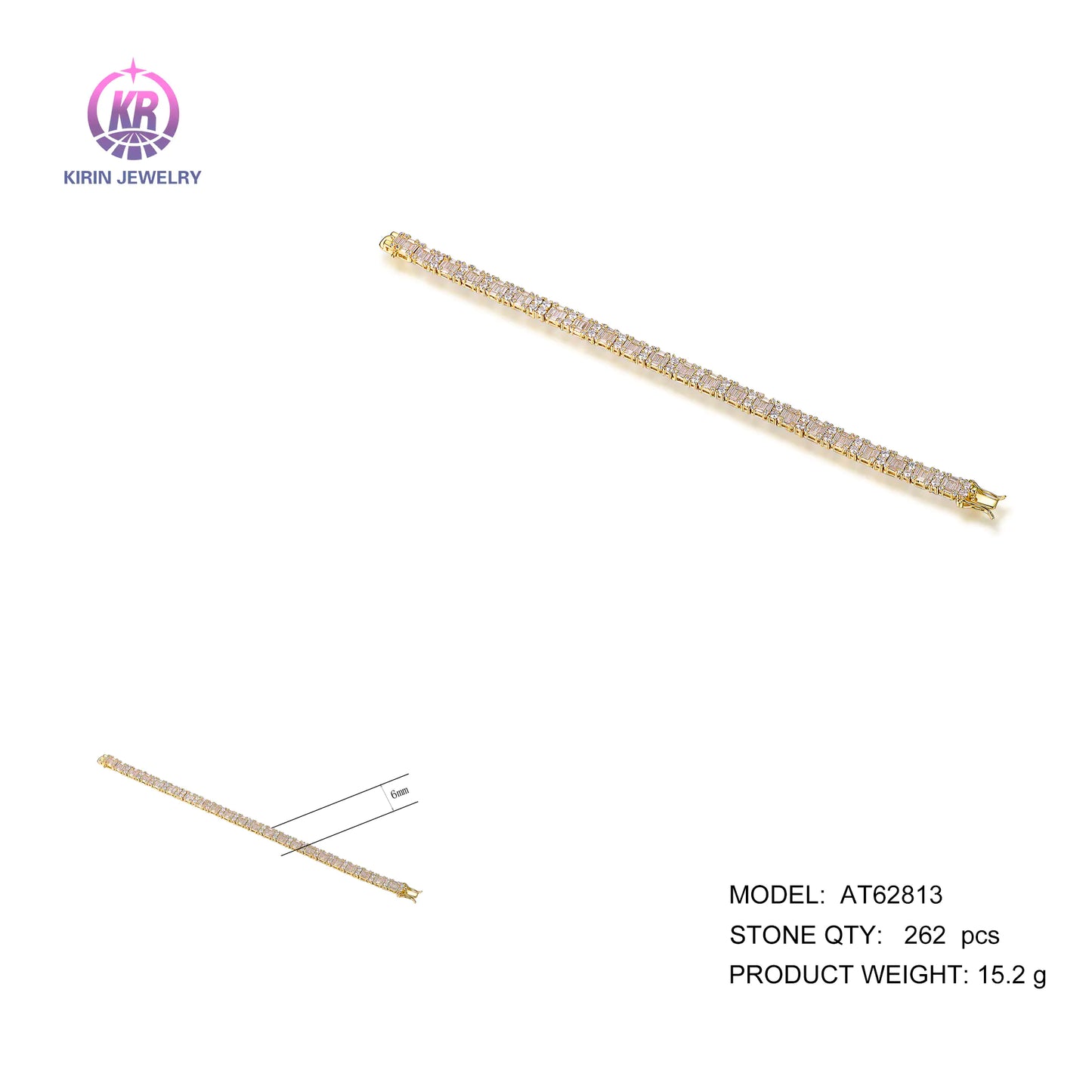 Wholesale Silver Gold Plated CZ Created Diamond Square Tennis Bracelet for Women