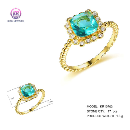 Wholesale Silver Gold Plated CZ Cushion Halo Lab Grown Sapphire Engagement Rings for Women