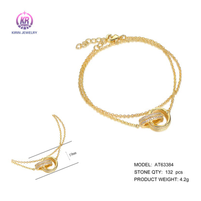 Wholesale Silver Gold Plated CZ Double Chain Interlocking Ring Bracelet​ for Women