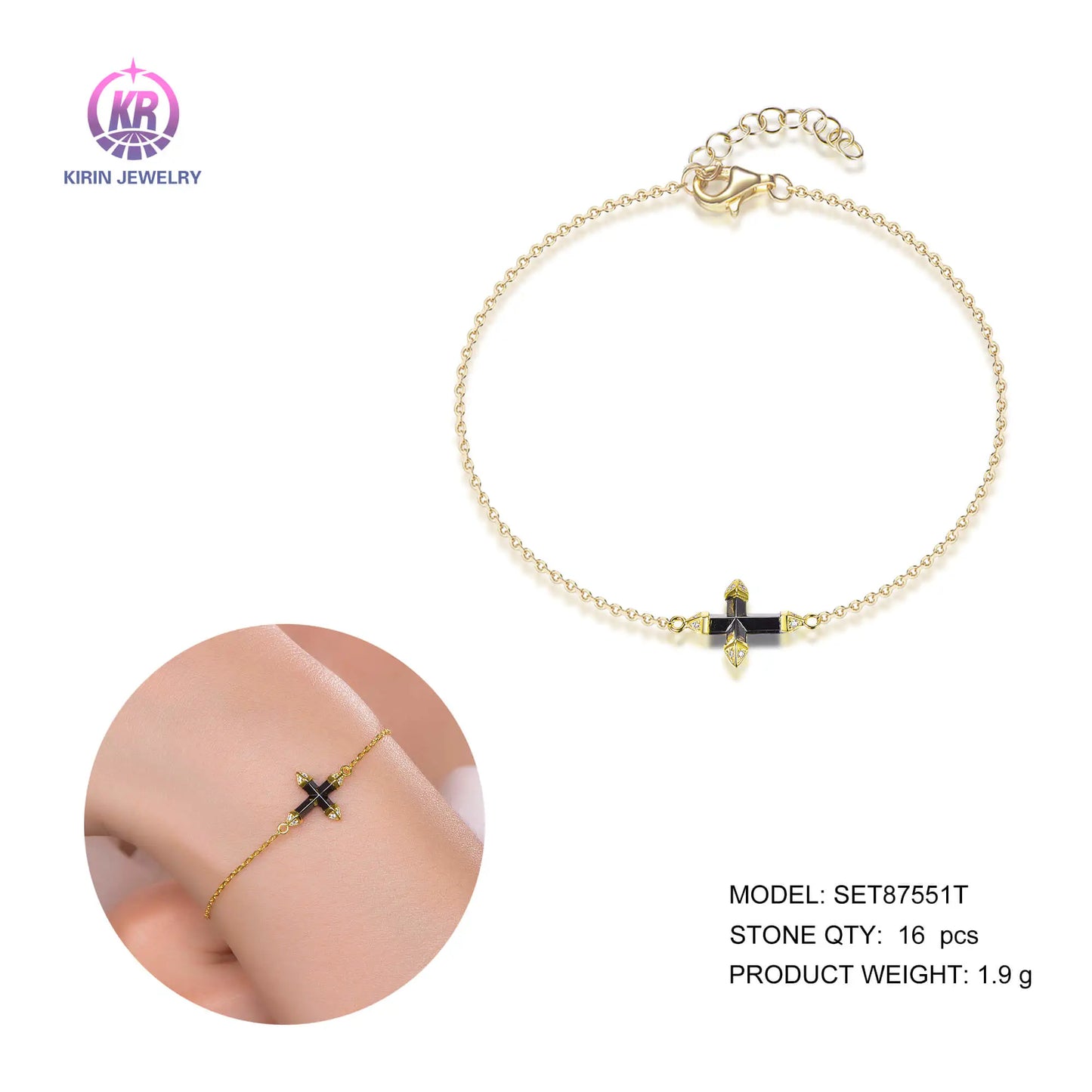 Wholesale Silver Gold Plated CZ & Enamel Adjustable Black Cross Bracelet for Women