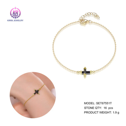 Wholesale Silver Gold Plated CZ & Enamel Adjustable Black Cross Bracelet for Women