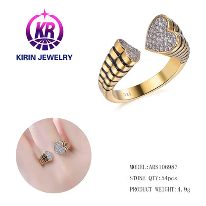 Wholesale Silver Gold Plated CZ & Enamel Open Iced Out Created Diamond Heart Ring for Women