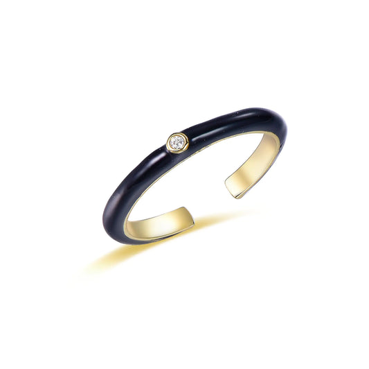 Wholesale Silver Gold Plated CZ & Enamel Open Lab Diamond Bezel Black Enamel Ring