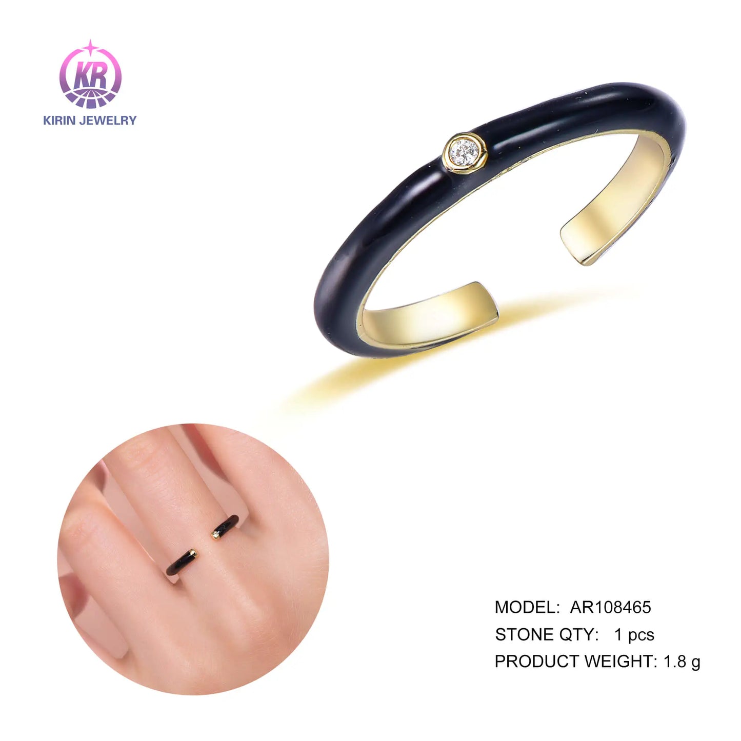 Wholesale Silver Gold Plated CZ & Enamel Open Lab Diamond Bezel Black Enamel Ring for Women