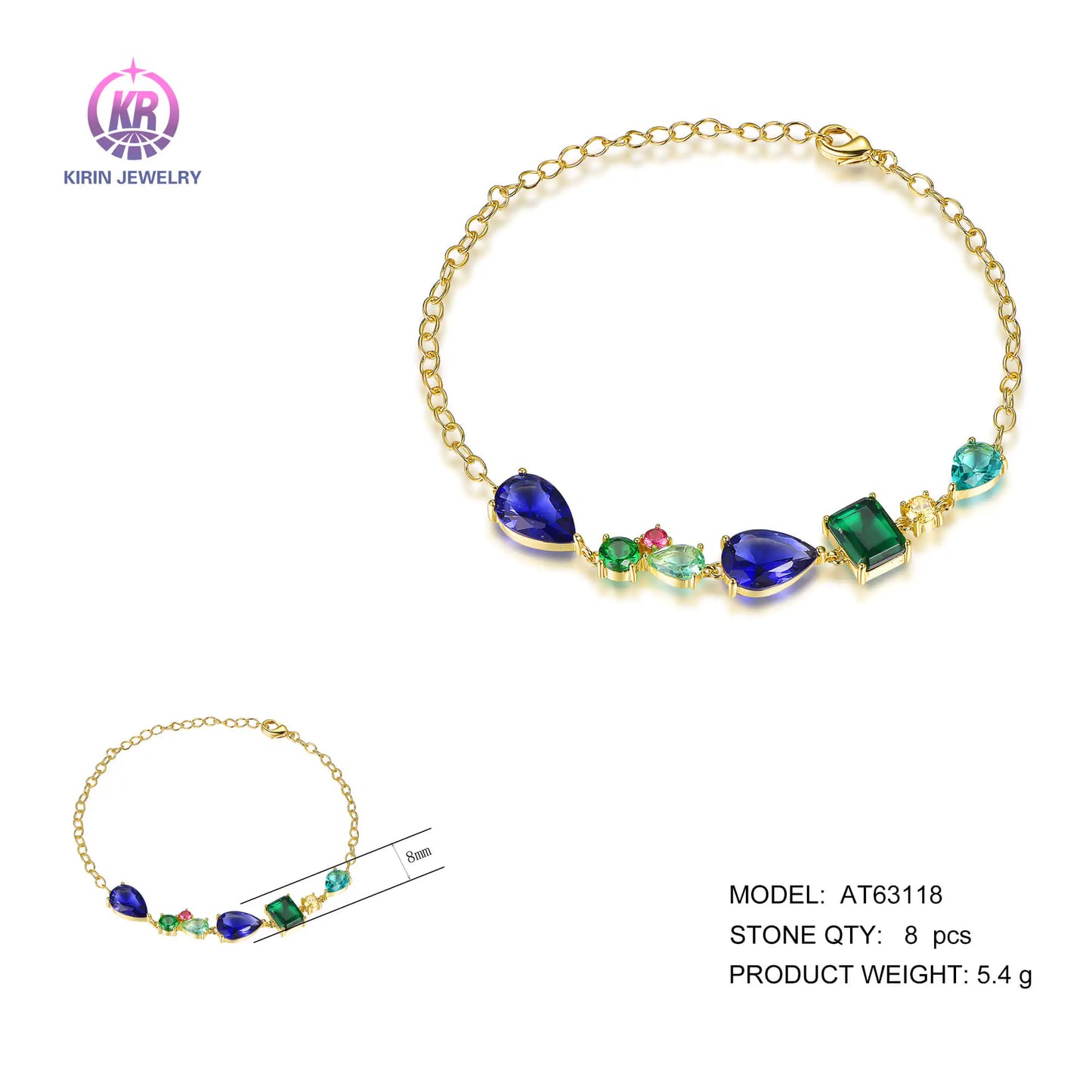 Wholesale Silver Gold Plated CZ & Glass & Corundum Mixed Cut Multi Gem Bracelet​ for Women