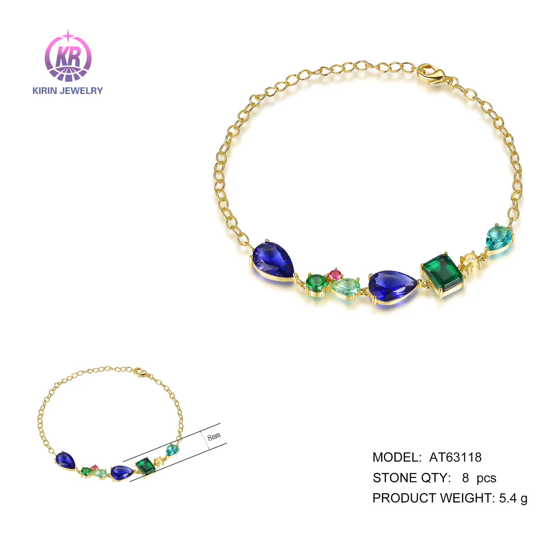 Wholesale Silver Gold Plated CZ & Glass & Corundum Mixed Cut Multi Gem Bracelet​ for Women