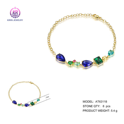 Wholesale Silver Gold Plated CZ & Glass & Corundum Mixed Cut Multi Gem Bracelet​ for Women