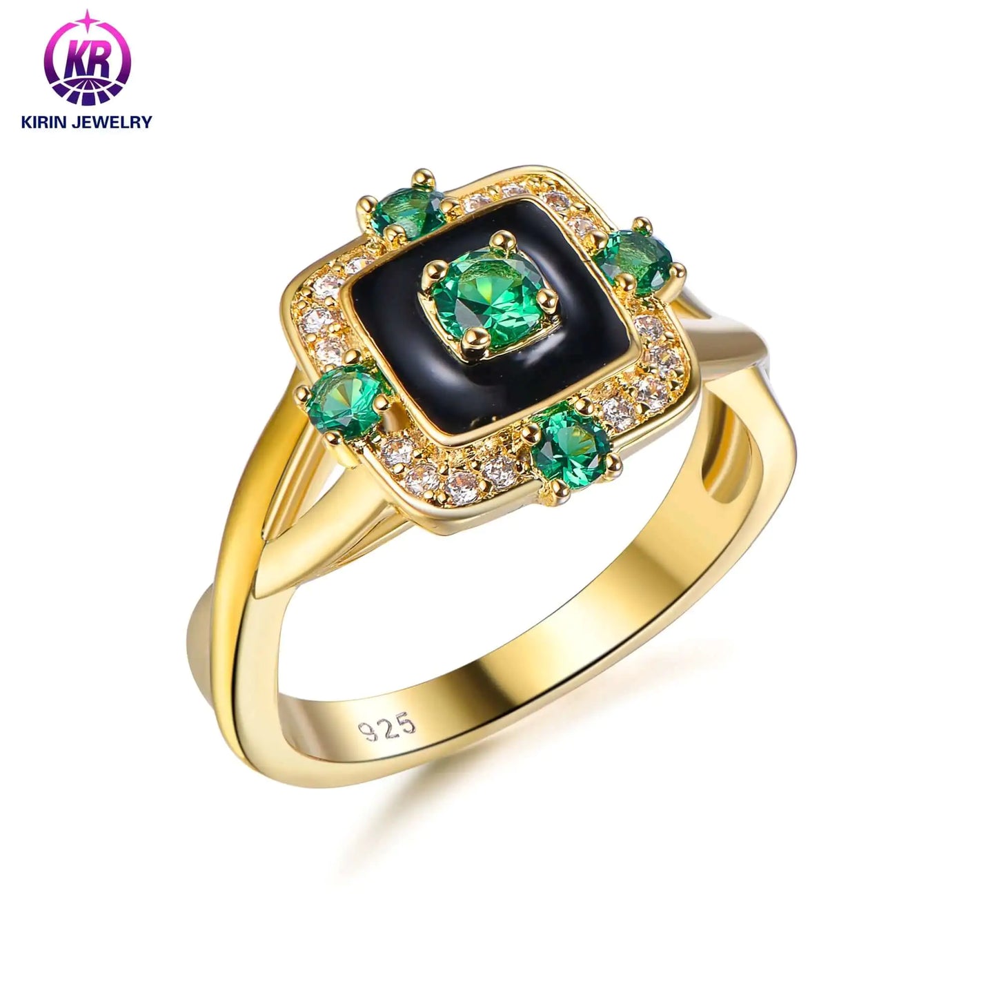 Wholesale Silver Gold Plated CZ & Glass & Enamel Lab Created Emerald Ring