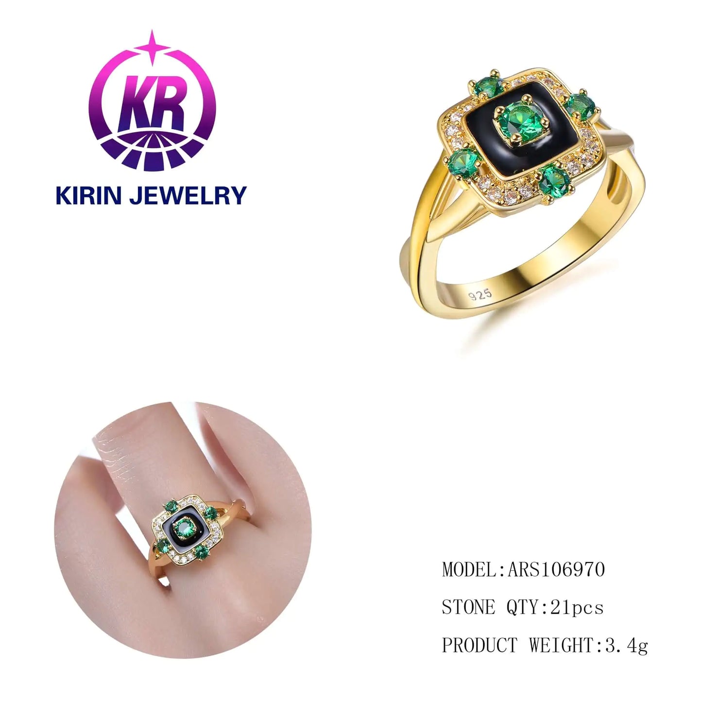 Wholesale Silver Gold Plated CZ & Glass & Enamel Lab Created Emerald Ring for Women