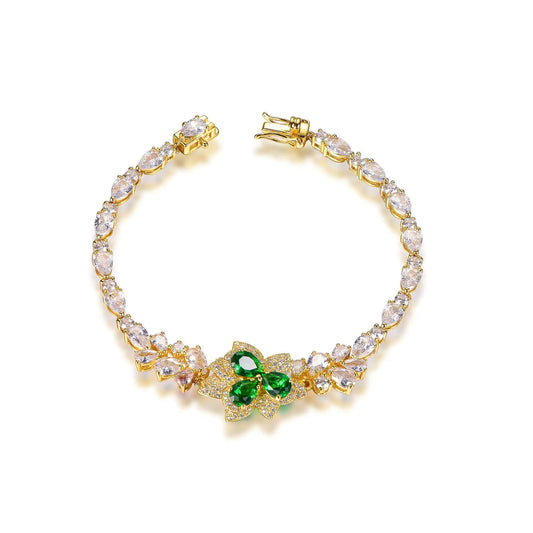 Wholesale Silver Gold Plated CZ & Glass Leaf Shape Flower Chain Bracelet