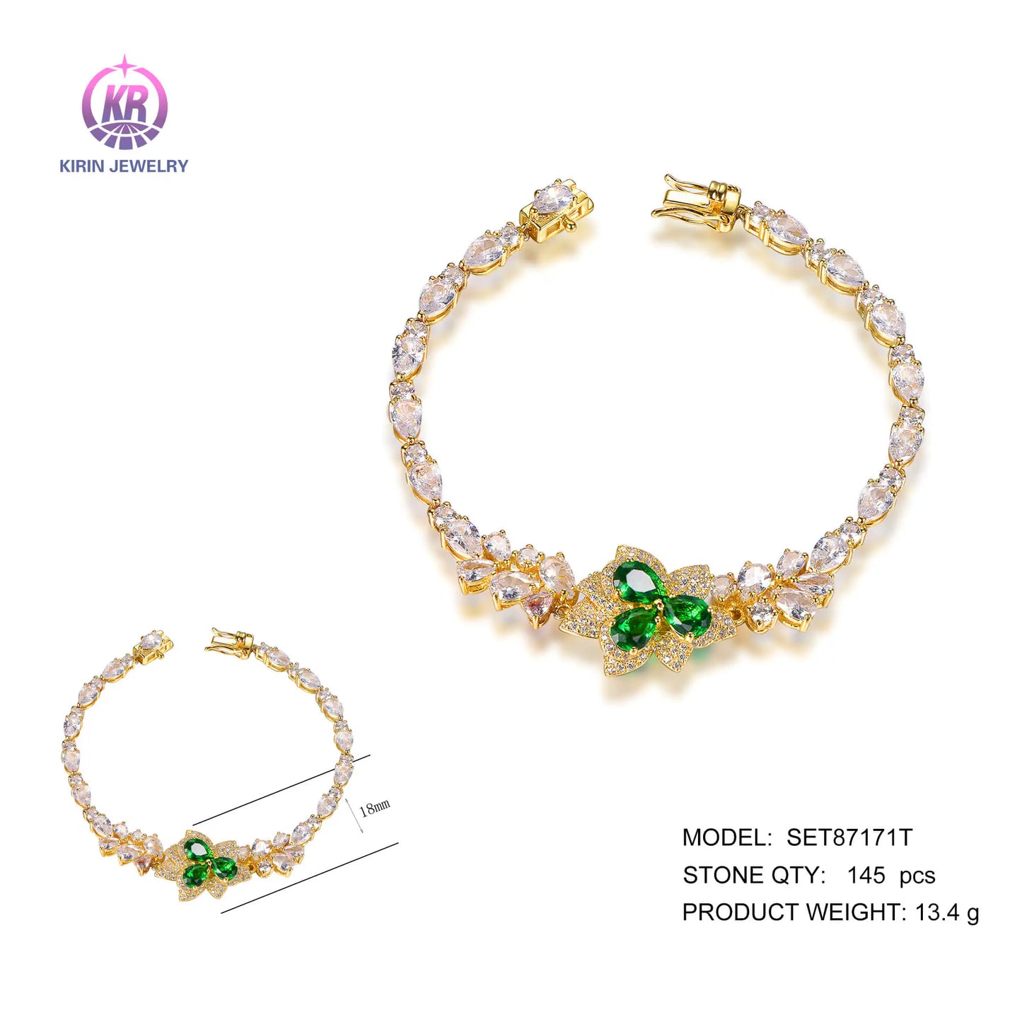 Wholesale Silver Gold Plated CZ & Glass Leaf Shape Flower Chain Bracelet for Women