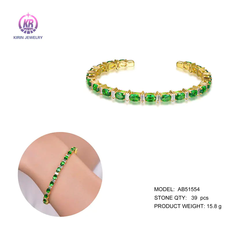Wholesale Silver Gold Plated CZ & Glass Open Tennis Bracelet Bangle for Women
