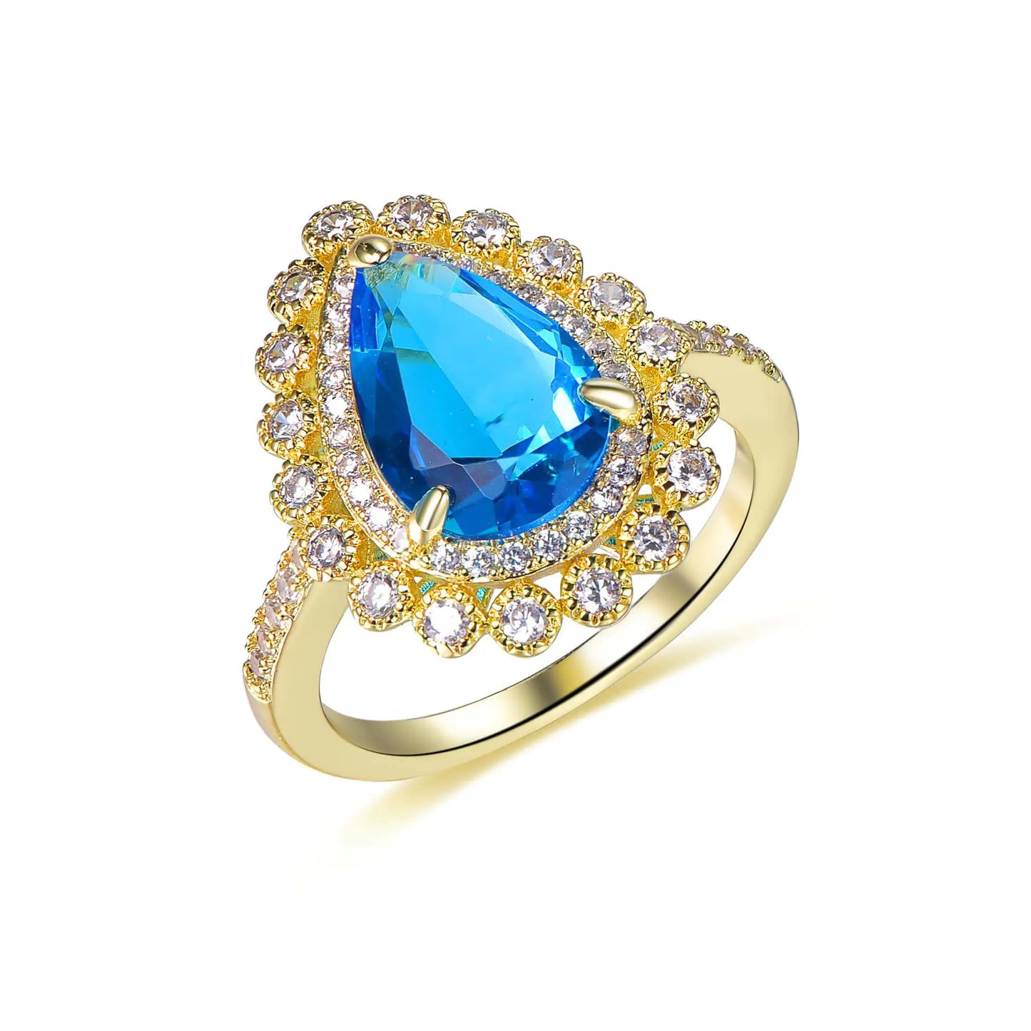 Wholesale Silver Gold Plated CZ & Glass Pear-Shaped Lab Created Sapphire Halo Ring