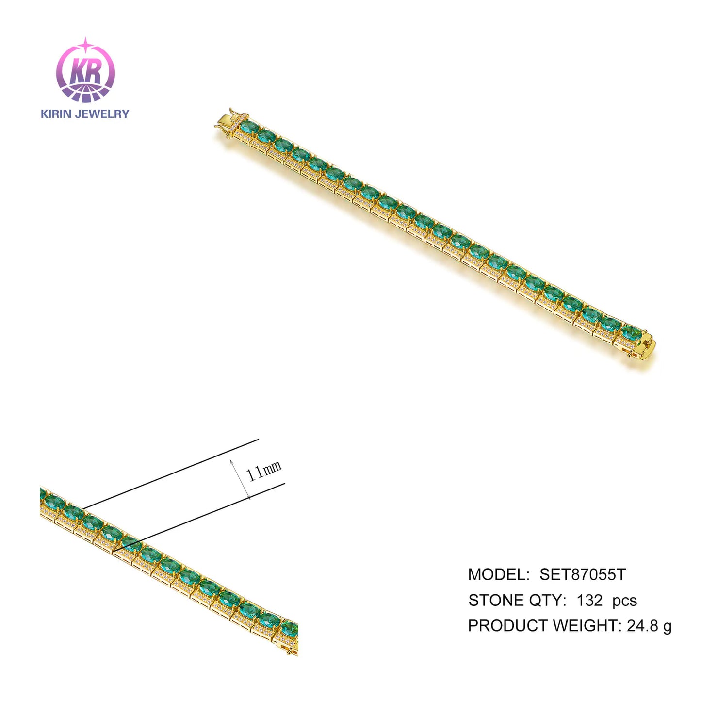 Wholesale Silver Gold Plated CZ & Glass Simulated Emerald Square Tennis Bracelet for Women