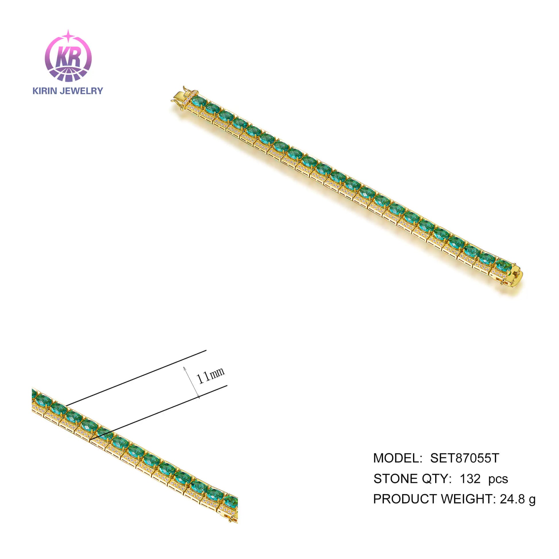 Wholesale Silver Gold Plated CZ & Glass Simulated Emerald Square Tennis Bracelet for Women