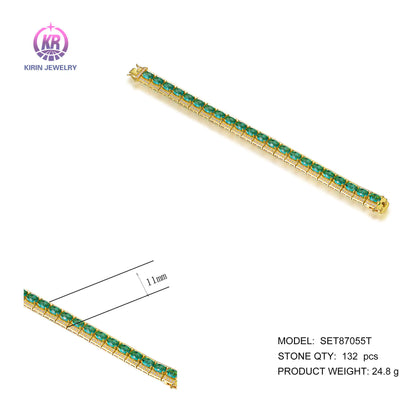 Wholesale Silver Gold Plated CZ & Glass Simulated Emerald Square Tennis Bracelet for Women