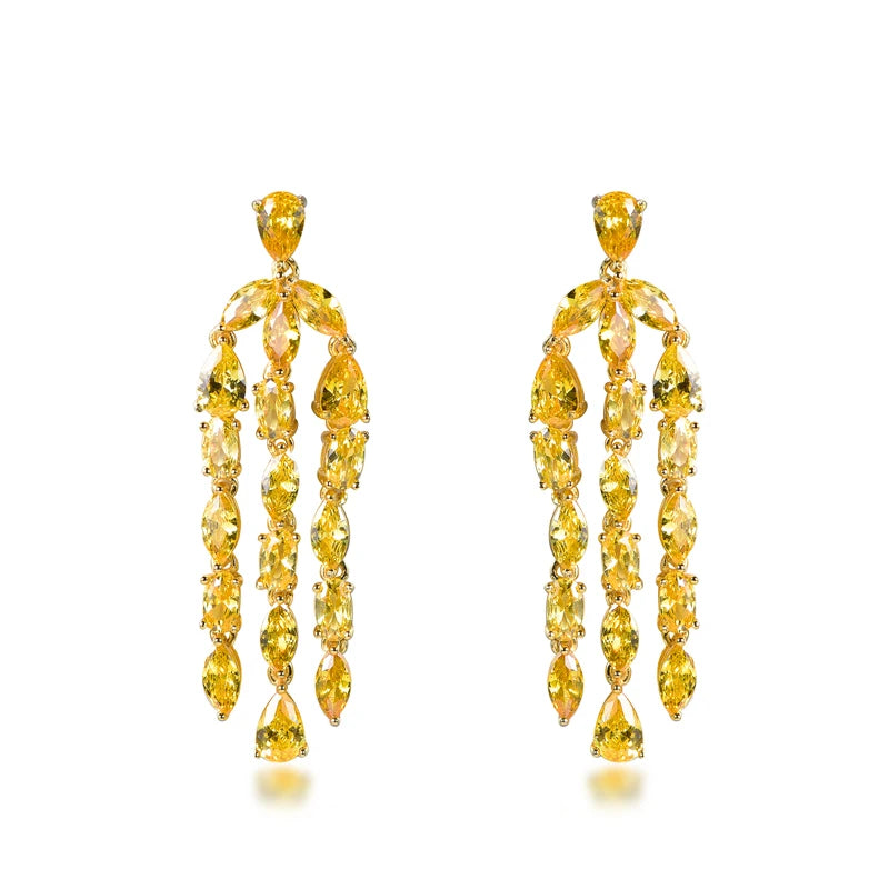 Wholesale Silver Gold Plated CZ Lab Created Citrine Tassel Linear Drop Earrings