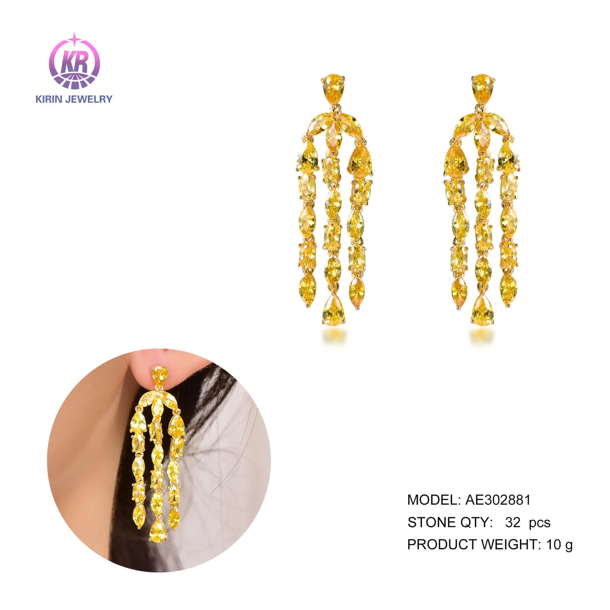 Wholesale Silver Gold Plated CZ Lab Created Citrine Tassel Linear Drop Earrings for Women