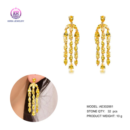 Wholesale Silver Gold Plated CZ Lab Created Citrine Tassel Linear Drop Earrings for Women