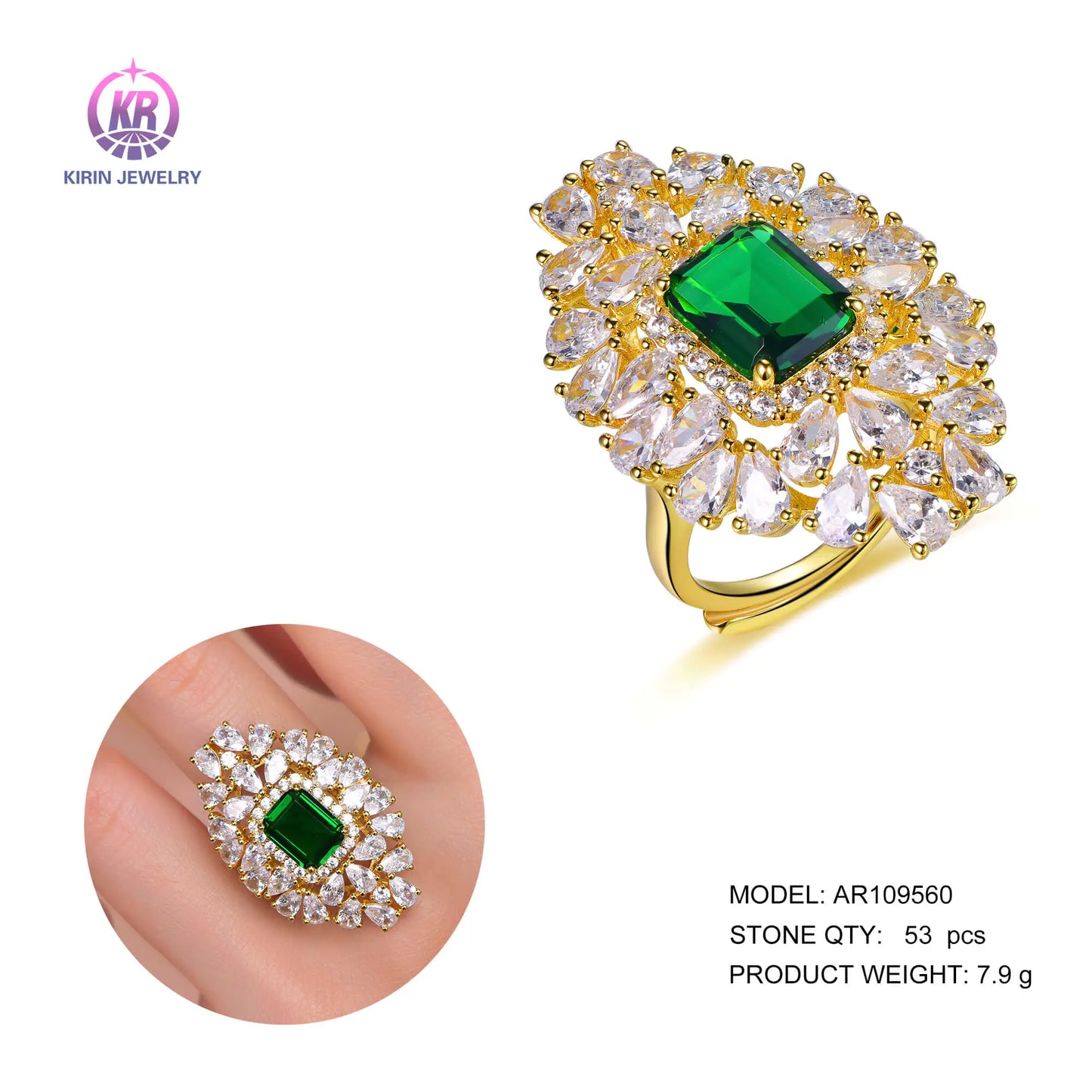 Wholesale Silver Gold Plated CZ Lab Created Emerald Floral Engagement Rings for Women
