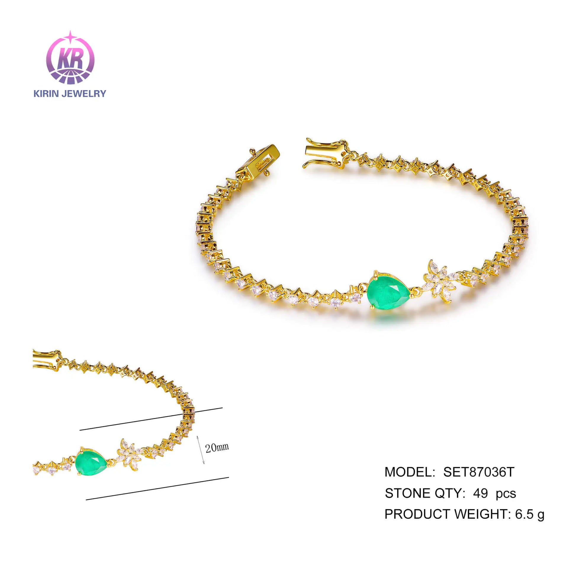 Wholesale Silver Gold Plated CZ Lab Created Emerald Pear Shaped Bracelet​ for Women