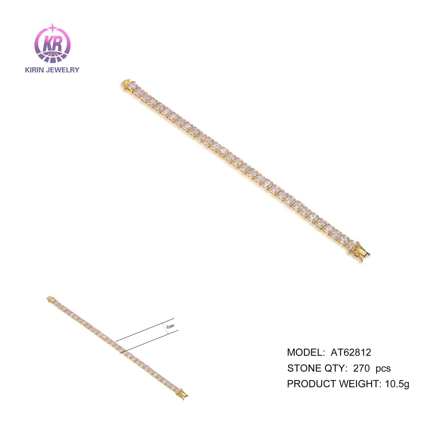 Wholesale Silver Gold Plated CZ Lab Created Square Cut Diamond Tennis Bracelet for Women