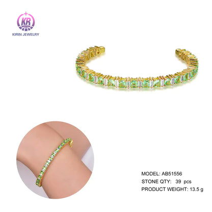 Wholesale Silver Gold Plated CZ & Light Green Glass Cuff Tennis Bangle for Women